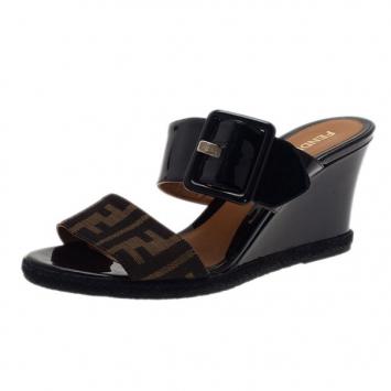 Fendi Zucca Patent Demi Wedge Slides Size 38