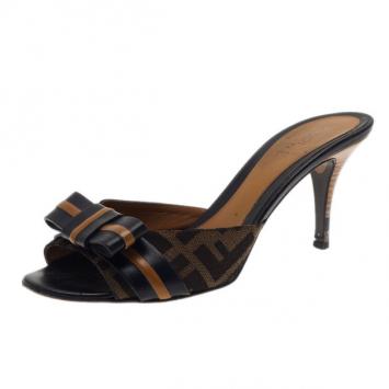 Fendi Zucca Canvas Pride and Prejudice Bow Slides Size 38.5