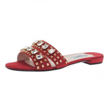 Prada Red Suede Jeweled Flat Slides Size 38