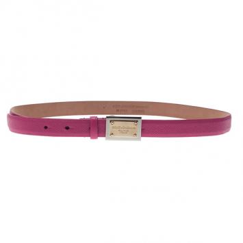 Dolce and Gabbana Pink Leather Logo Plaque Skinny Belt 80CM
