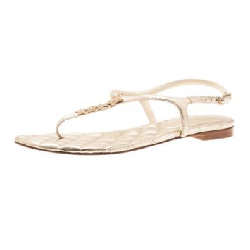 Chanel Gold Leather Star T-Strap Thong Sandals Size 37.5
