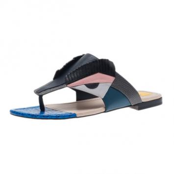 Fendi Bugs Paneled Leather Thong Sandals Size 37