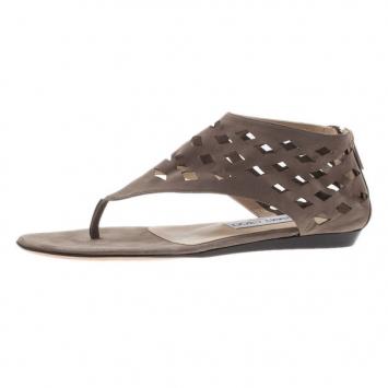 Jimmy Choo Beige Suede Cutout Gladiator Flat Sandals Size 37.5