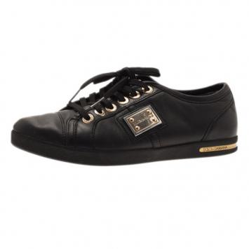 Dolce and Gabbana Black Leather Logo Plaque Sneakers Size 37.5