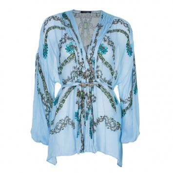Roberto Cavalli Blue Floral Silk Chiffon Kaftan Top S