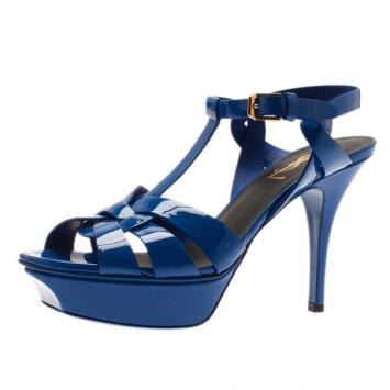 Saint Laurent Paris Blue Patent Tribute Platform Sandals Size 37