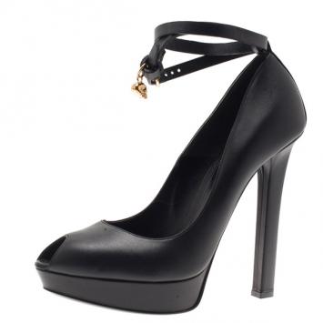 Alexander McQueen Black Leather Ankle Strap Peep Toe Pumps Size 41