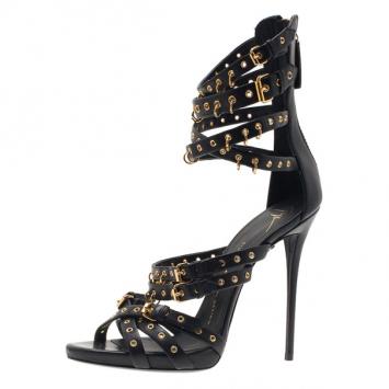 Giuseppe Zanotti Jeti Black Leather Strappy Grommet Platform Sandals Size 39