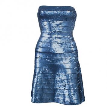 Herve Leger Eclipse Sequin Strapless Flare Dress XS