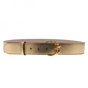 Alexander McQueen Gold Leather Round Twin Skull Buckle Belt 85CM