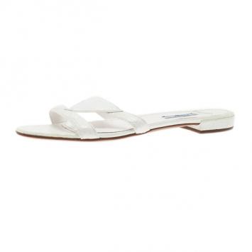Prada White Croc Embossed Leather Flat Slides Size 40