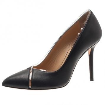 Charlotte Olympia Black Leather PVC Trimmed Natalie Pumps Size 38