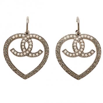 Chanel Heart Crystal Silver-Tone Earrings