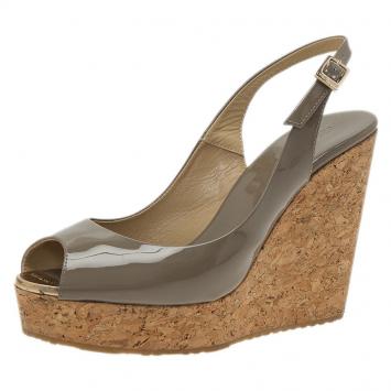 Jimmy Choo Grey Patent Prova Slingback Cork Wedge Sandals Size 38