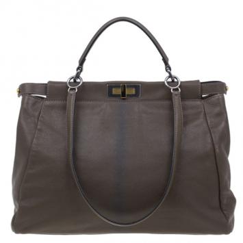 Fendi Brown Leather Zucca-Lined Large Peekaboo Bag