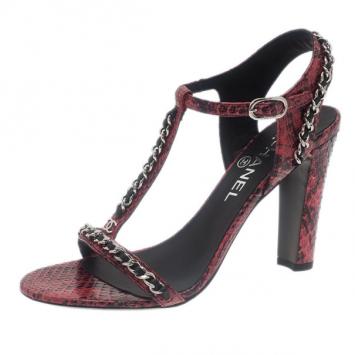 Chanel Red Python Chain Detail T Strap Sandals Size 37.5