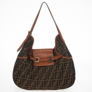 Fendi Tobacco Zucca Canvas Double Buckle Hobo Bag