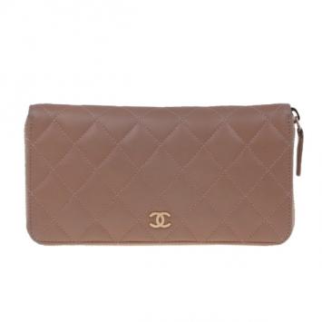 Chanel Brown Quilted Leather Zip Continental Wallet