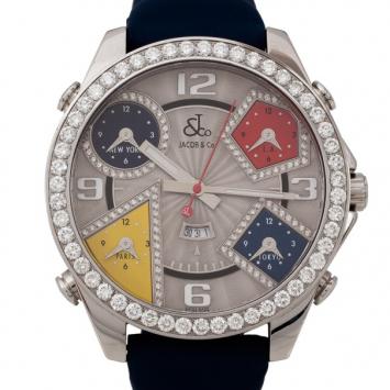 Pre Owned Jacob & Co. Five Time Zones Diamond SS Rubber Mens Wristwatch 48MM