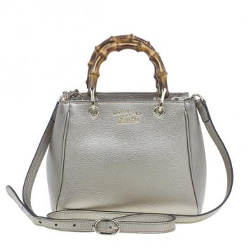 Gucci Metallic Silver Leather Mini Bamboo Top Handle Bag