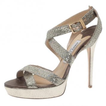 Jimmy Choo Silver Glitter Vamp Platform Sandals Size 39