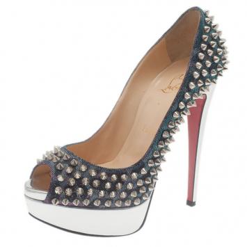 Christian Louboutin Metallic Lame Lady Peep Spike Platform Pumps Size 36.5
