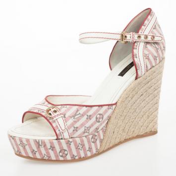 Louis Vuitton Rouge Monogram Ankle Strap Espadrilles Wedges Sandals Size 40