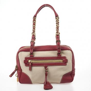 Prada Red Leather and Canvas Satchel