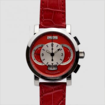 Pre Owned Paul Picot Technograph SS Leather Red Chronograph Mens Wristwatch 48 MM