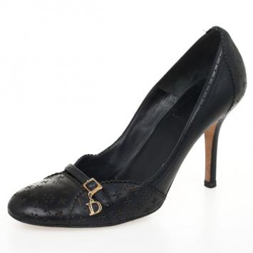 Christian Dior Black Perforated Leather Buckle Pumps Size 38.5
