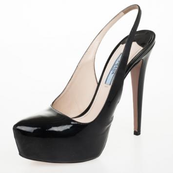 Prada Black Patent Leather Platform Slingback Sandals Size 37.5