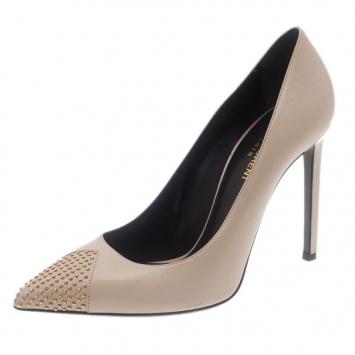 Saint Laurent Paris Beige Studded Cap Toe Pumps Size 38.5