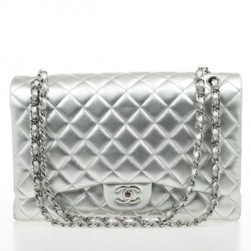 Chanel Silver Lambskin Maxi Flap