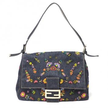 Fendi Denim Embroidered Flower Floral Beaded Baguette