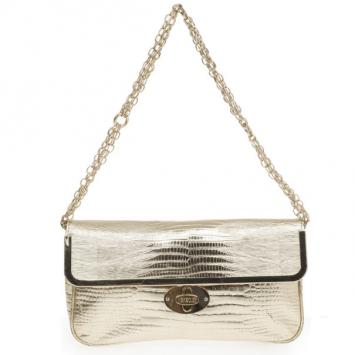 Just Cavalli Gold Metallic Crocodile Embossed Leather Small Clutch Bag