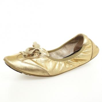Dolce and Gabbana Gold Metallic Leather Lace Up Ballet Flats Size 38.5