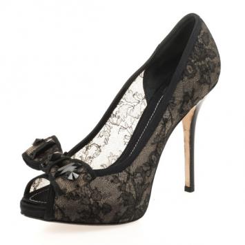 Christian Dior Black Lace Peep Toe Bow Pumps Size 39