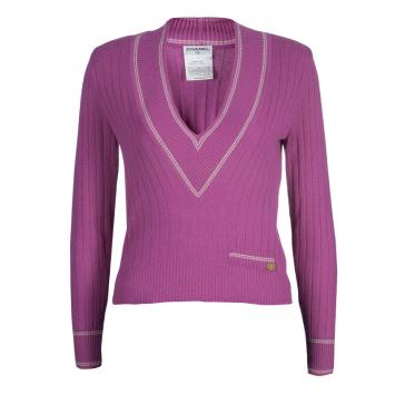 Pre Owned Chanel Pink V Neck Cashmere Sweater XS