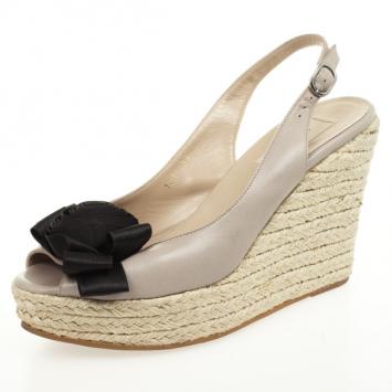 Valentino Beige Leather Satin Rose Embellished Slingback Espadrilles Wedges Size 39