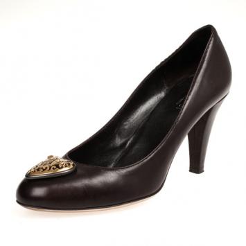 Gucci Dark Brown Leather 'Babouska' Heart Crest Pumps Size 39