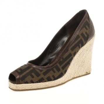 Fendi Zucca Canvas Peep Toe Espadrilles Wedges Size 39
