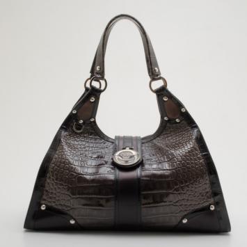 Versace Dark Blue Croc-Embossed Patent Studded Satchel