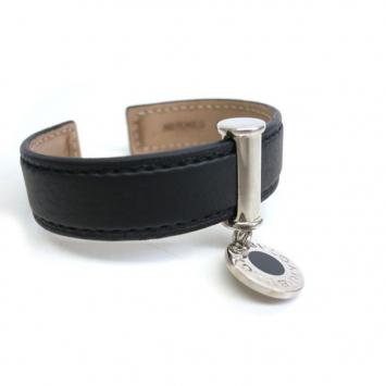 Bvlgari Bvlgari Black Leather Silver Cuff Bracelet