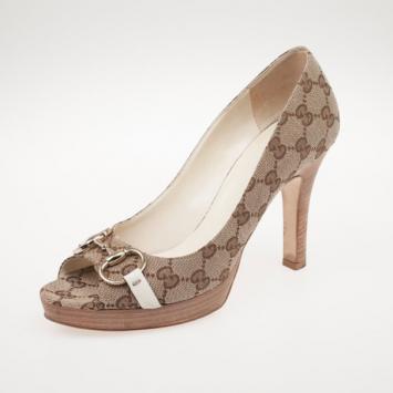 Gucci Guccissima Canvas Horsebit Peep Toe Platform Pumps Size 39