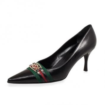 Gucci Black Leather Pointed Toe Pumps With Web Detail Size 39