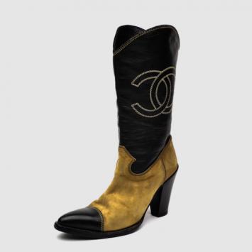 Chanel Beige & Black Mid Calf Boots Size 37.5