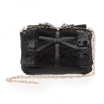RED Valentino Black Satin And Lace Chain Strap Evening Bag
