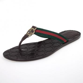 Gucci Brown 'GG' Thong Web Detail Sandals With Double 'G' Ornament Size 38.5