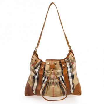 Burberry Tan and House Check Drawstring Shoulder Bag