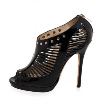Jimmy Choo Black Patent Leather Cage Back Zip Sandals Size 37